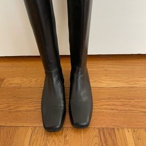 Black leather square toe tall boots